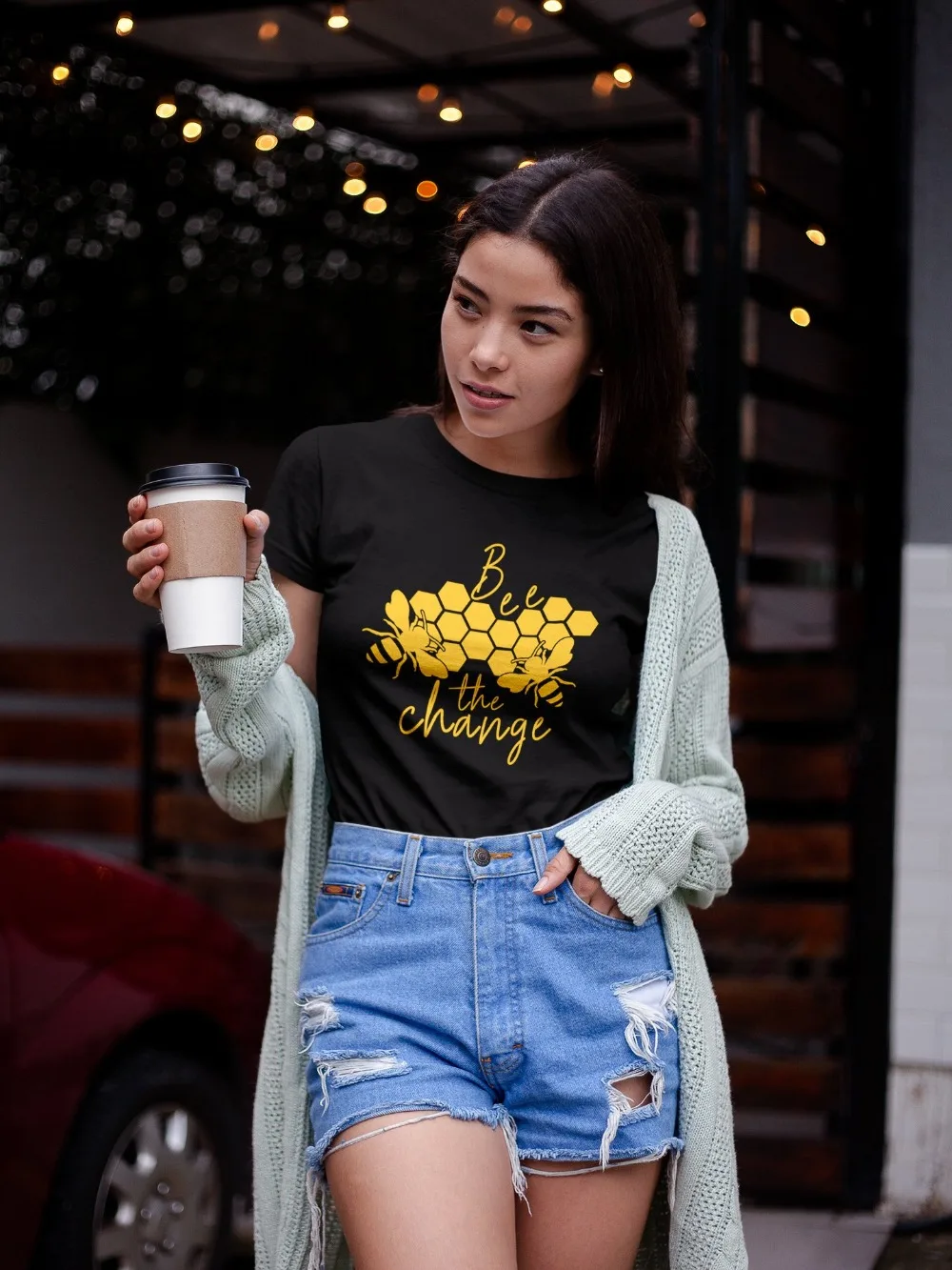 Bee The Change Short Sleeve T-Shirt Hipster Casual bees Change Slogan Grunge Tee honeycomb aesthetic trendy cotton outfits tops