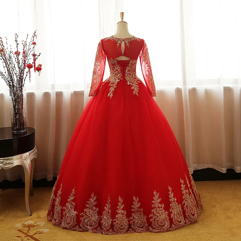 9 Colors Fashion Vintage Sweet Gold Lace Red Ping Wedding Dress Long Sleeve Plus Size Bridal Ball Gown Robe de Mariee