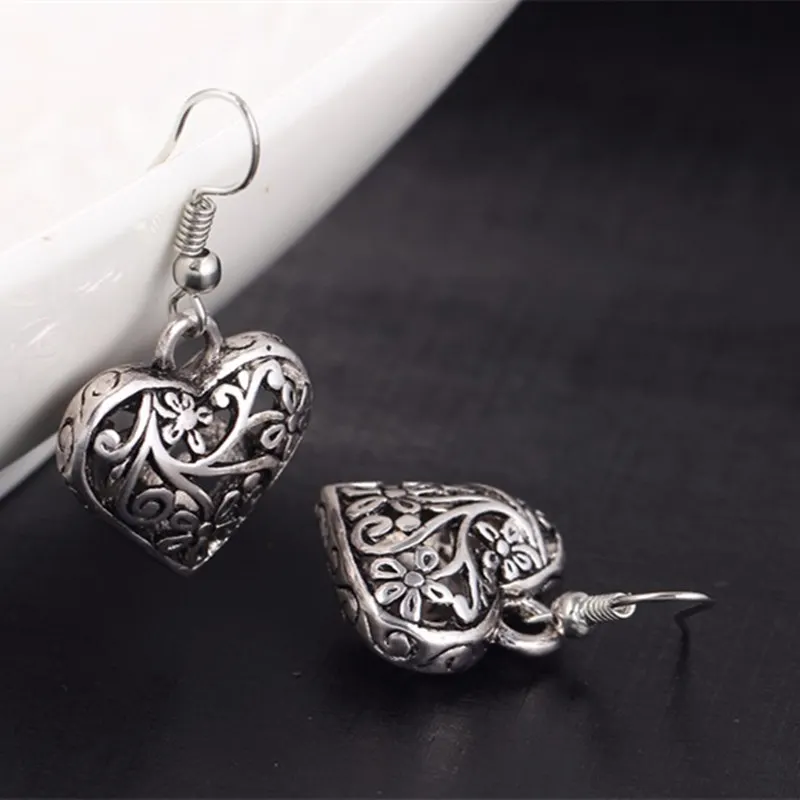 LUBOV Hollow Out Heart Drop Earring for Women Retro Vintage Flower Dangle Earrings Antique Tibetan Silver Jewelry New Arrival