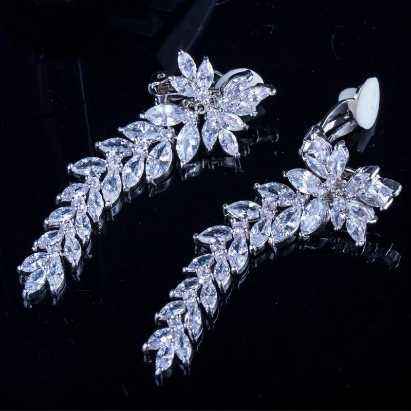 BeaQueen Japanese Long Leaf Shape Wedding No Pierced Clip On Earrings Cubic Zircon Clips No Hole Ear Jewelry for Women E200