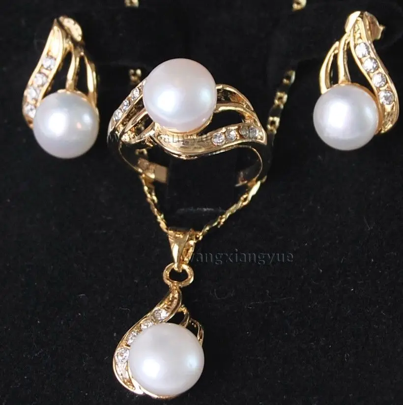 free P&P***Genuine White Cultured Pearl ring earrings Necklace Pendant Set AAA