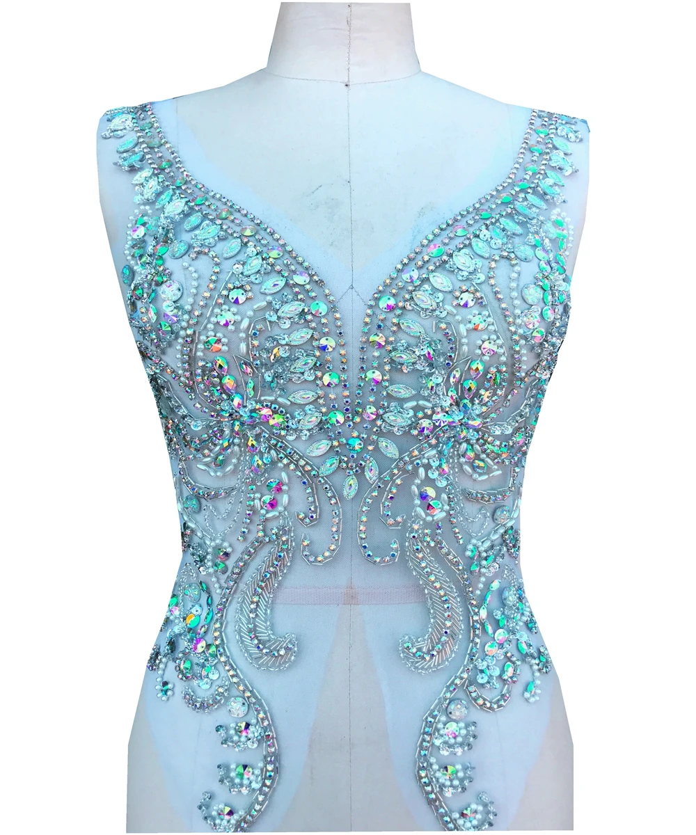 Applique di strass di colore AB trasparente fatto a mano cucire su perline patch di rifinitura per abito da sposa parte anteriore e posteriore