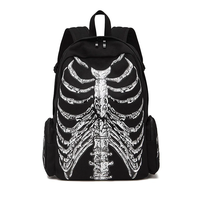 JIEROTYX Canvas Backpack Halloween Multifunctional School Bags Unisex Skull Skeleton Printed Backpack Gothic Designer Travel Bag