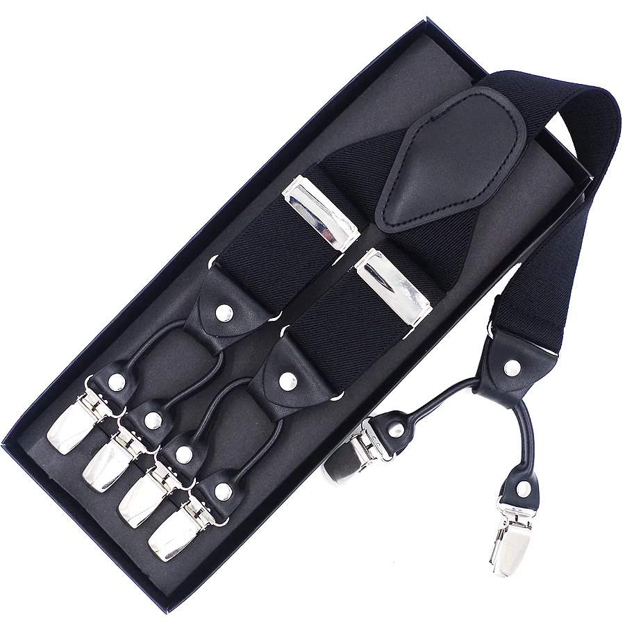 Mann der Hosenträger Schwarz Leder 6 Clips Hosenträger Vintage Casual Suspensorio Tirantes Hosen Strap Vater/mannes Geschenk 3,5*120 cm