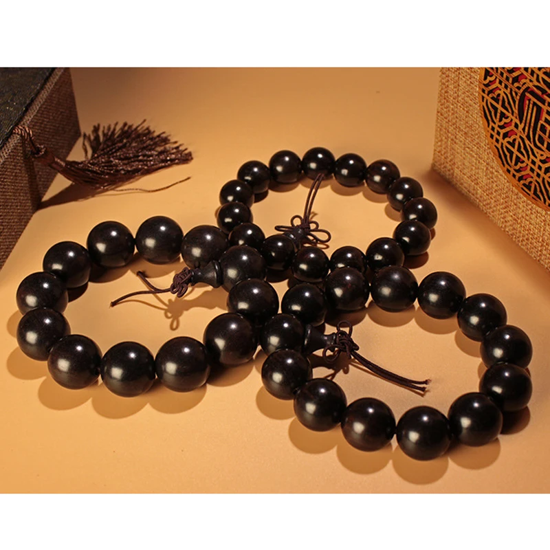 12-20mm Black Natural African Ebony Beaded Buddha Elastic Bracelet Mala Rosary Classical Wind Energy Hand String Couples Jewelry