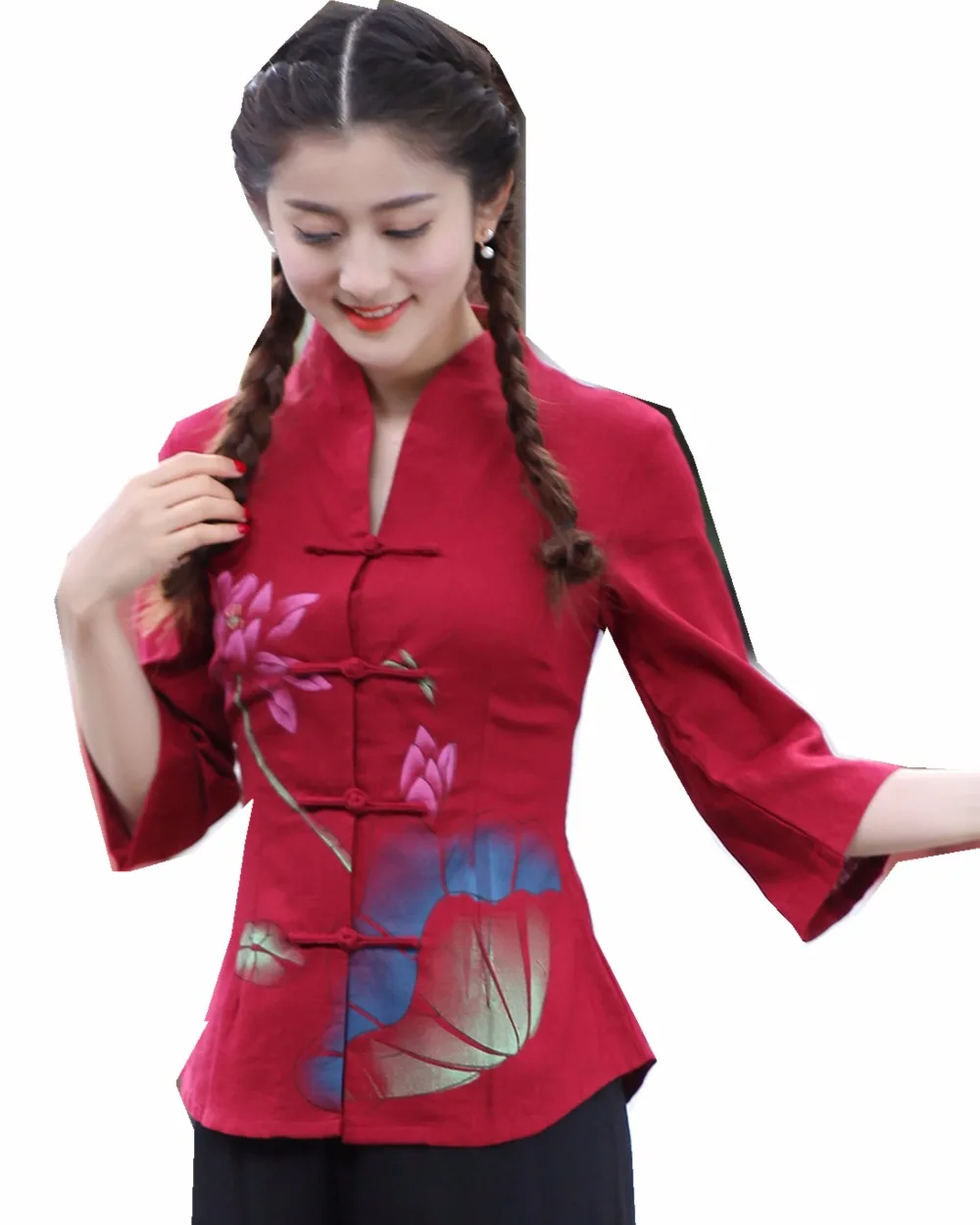 Shanghai Story Chinese Traditional Top Flower Printed Cheongsam Tops Bracelet Sleeve Shirt for Women Chinese Blouse 3 Color