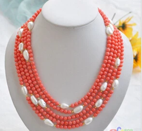 

natural 5row 17-21" pink coral bead white baroque pearl NECKLACE AAA