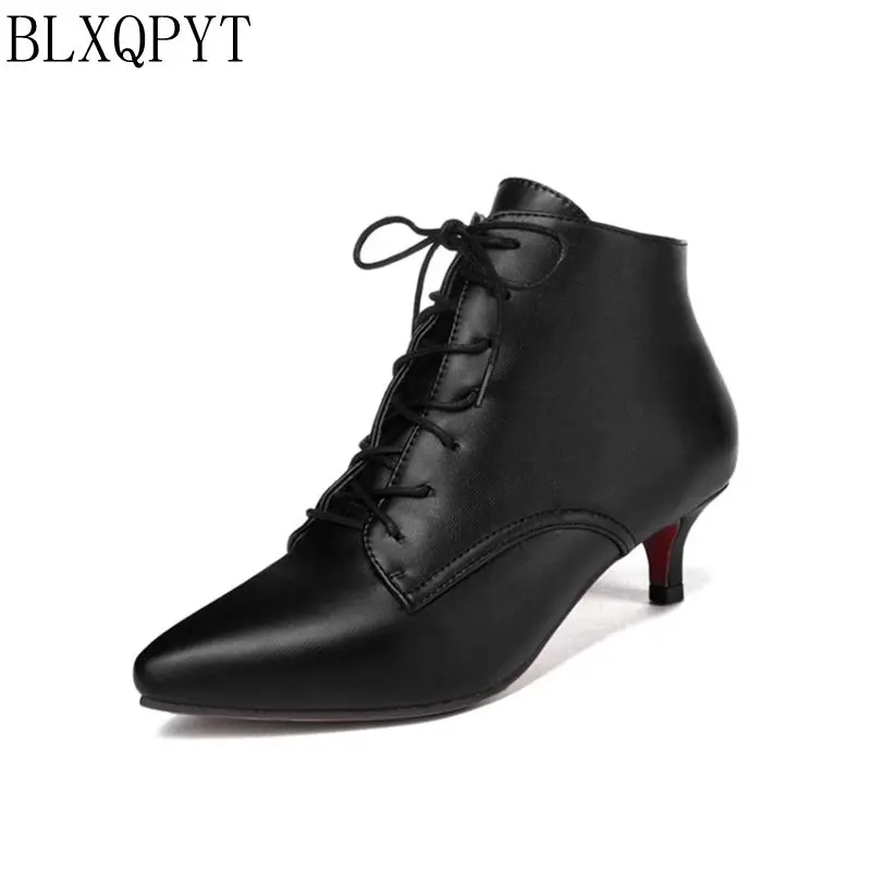 

BLXQPYT Big size Spring Autumn Stiletto Thin low Heels Pointed Toe Leather Lace-Up Style Sexy Ankle Women Boots shoes woman 56-6