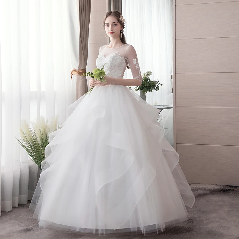 Wedding Dress Ball Gowns Women Dress New Bride Marriage Simple Middle Sleeves Wedding Dresses Lace Up Plus Size