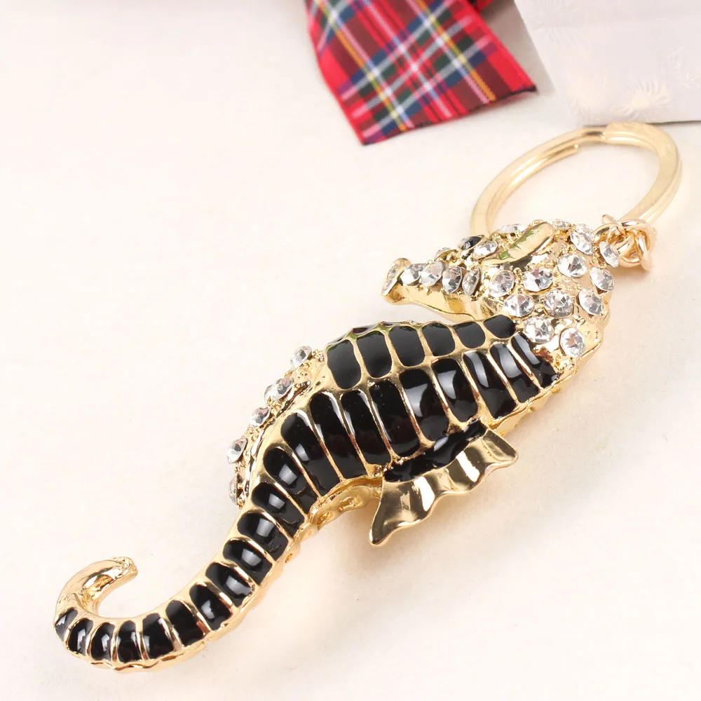 Black Ocean Sea Horse Hippocampal Cute Crystal Charm Purse Handbag Car Key Keyring