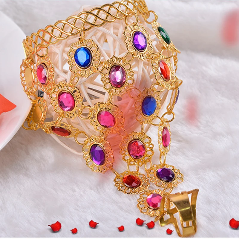 Atacado acessório de fantasia de dança do ventre, conjunto de joias banhadas com strass coloridos de bollywood, colar e pulseiras indianas