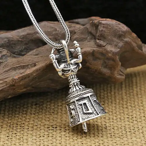 100% 925 silver Tibetan OM Mani Padme Hum Bell Pendant Buddhist OM Mantra Ganesh Bell Pendant Tibetan Buddhist Bell Amulet