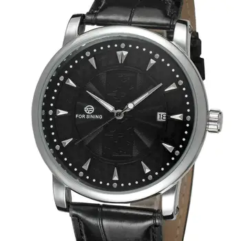 FORSINING watch black classic no three numbered pointer calendar dial strap men&#x27;s mechanical watch