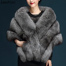 JaneVini High Quality Dark Gray Bridal Faux Fur Shawls Wedding Bolero Outerwear Jackets Brides Winter Cape Wedding Evening Wrap