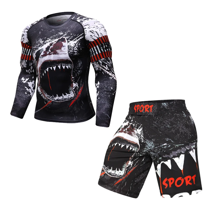 Fato de compressão masculino para fitness, camiseta e calça de manga comprida, terno esportivo MMA Rashguard, camiseta de musculação