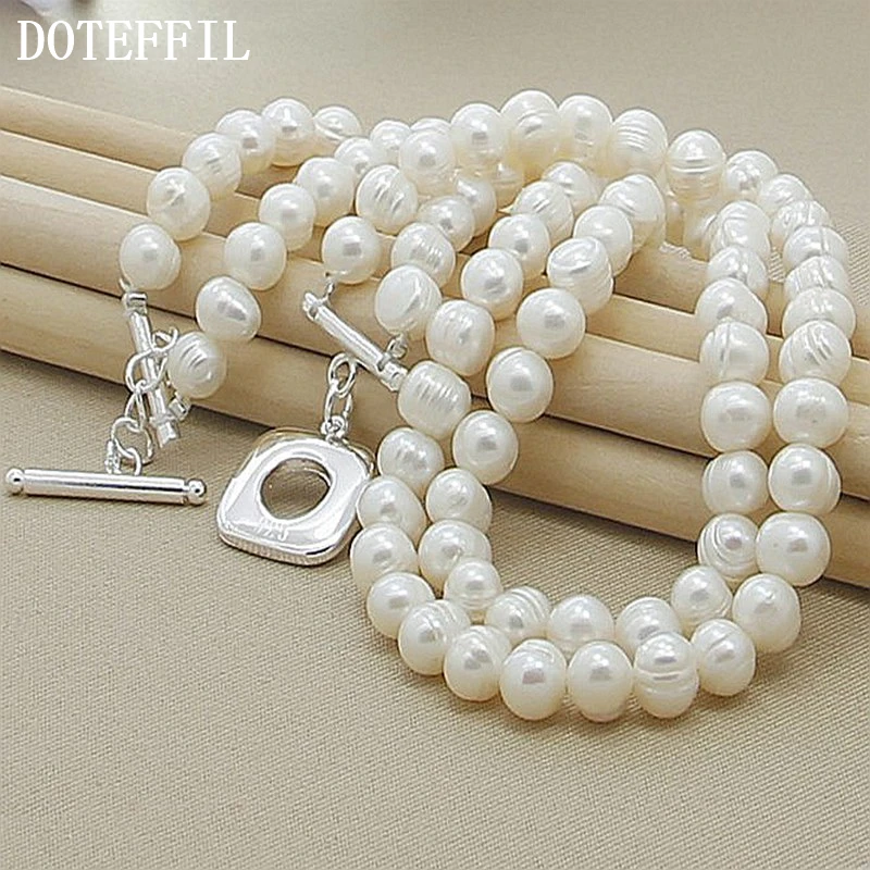 DOTEFFIL-Colar Duplo Branco Natural de Pérolas para Mulheres, Prata Esterlina 925, Moda Noivado de Casamento, Jóias Charm, 8mm