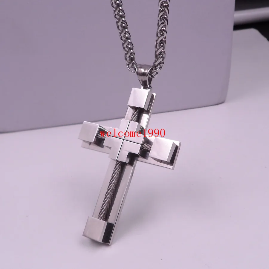 Men's Highly Polished Stainless Steel Big Cross Pendant and 4MM  Link Chain Necklace 24 inch