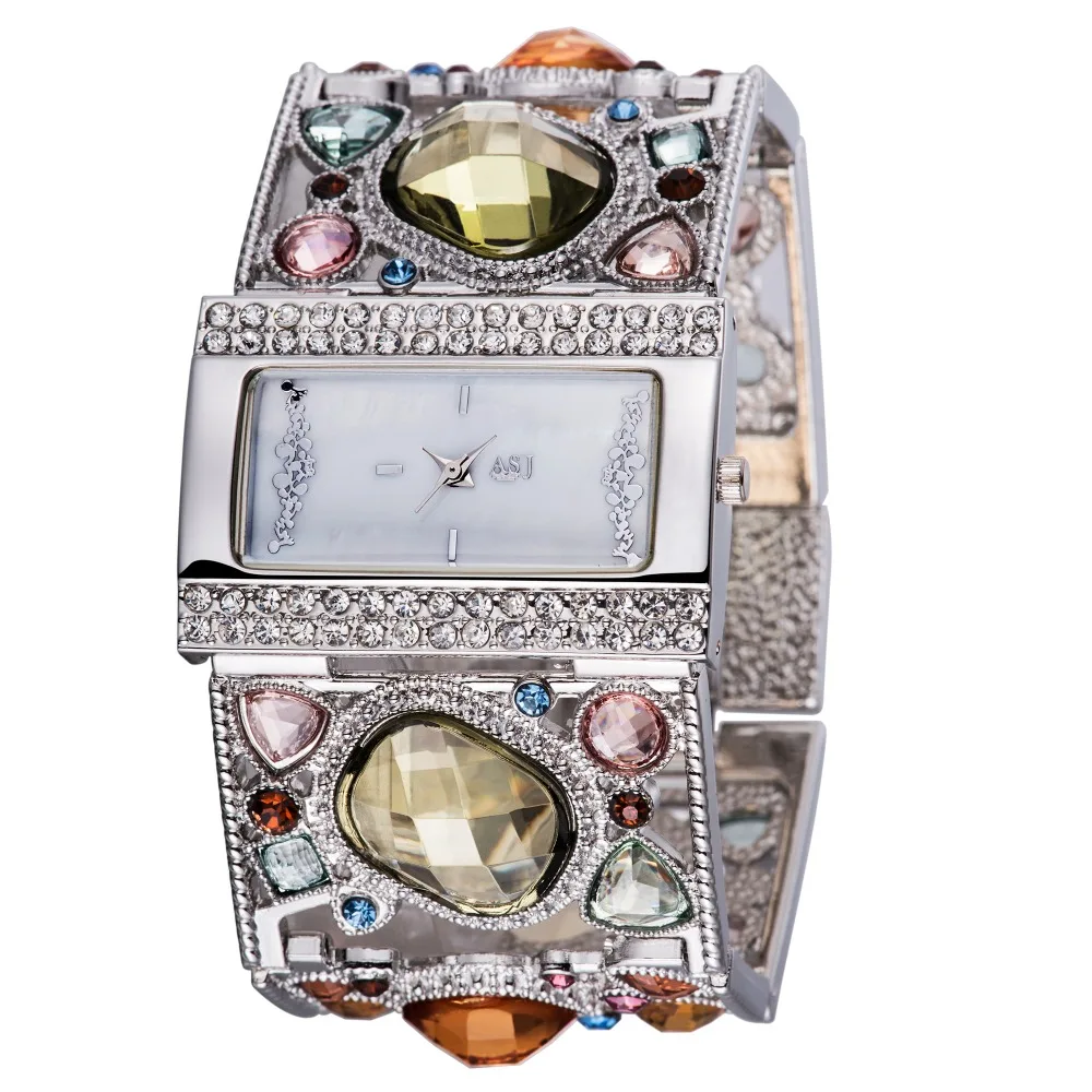 Amazing Women's Golden Bracelet Watch with Graceful Multi Color Diamond Decoration, gold analog hollow engraving women watches