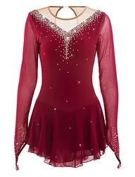 Red Figure Skating Dress Long-Sleeved Ice Skating Skirt Spandex Women's  girl's Ice Skating Dress