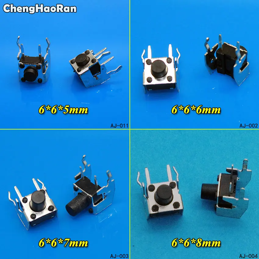 

ChengHaoRan 100pcs 6*6*5/6/7/8/11mm PCB Momentary Tactile Tact Push Button Switch Right Angle 6x6x5mm With stent