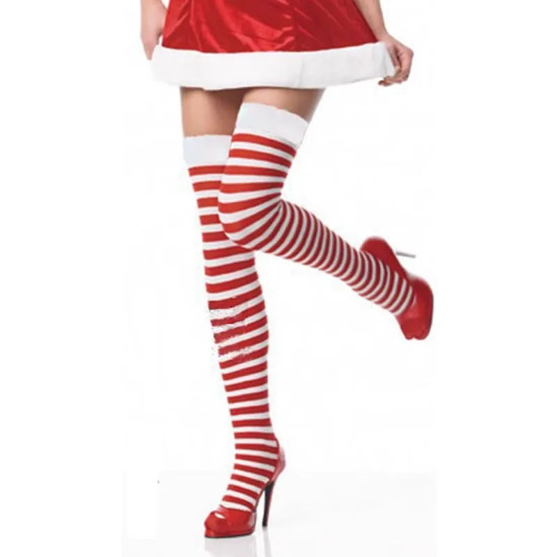 

Red White Girl Striped Lolita Thigh High Stockings Candy Cane Elf Ann and Andy Cosplay Cos XMAS Costume