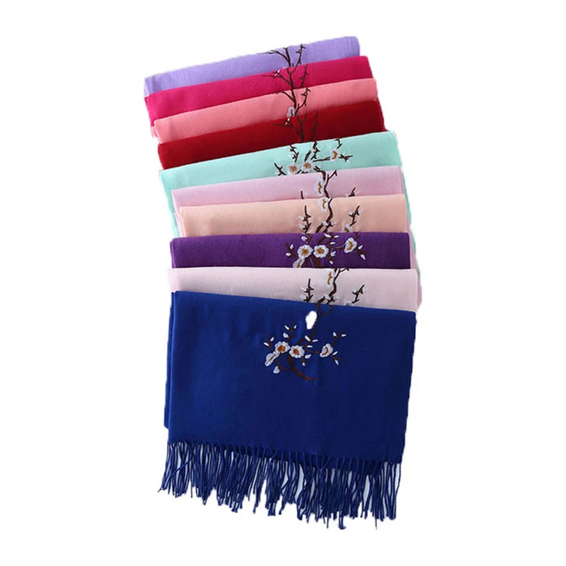 20 Colors Women Solid Embroider Club Shawls 2023 Autumn Winter New Ladys Pashmina Cashmere Thickening Edging Scarf Warp Oversize