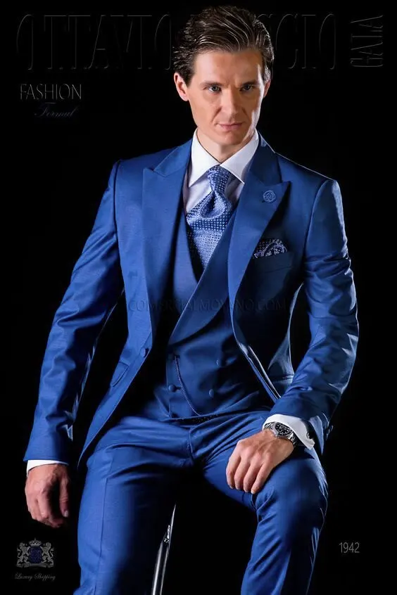 

Handsome One Button Blue Groom Tuxedos Peak Lapel Groomsmen Men Blazers 3 pieces Suits (Jacket+Pants+Vest+Tie) NO:288