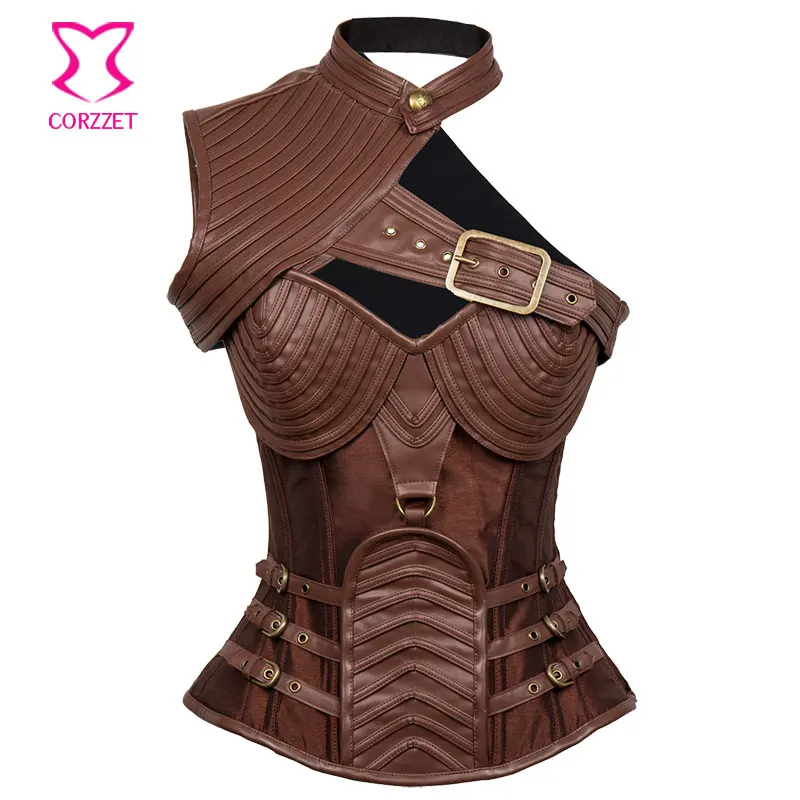 

Vintage Brown Leather Armor Corset Steampunk Clothing Korsett For Women Corselet Plus Size Sexy Corsets And Bustiers Steel Boned