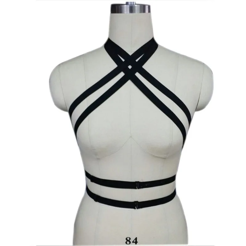 Women's Sexy Body Harness Elastic Black Criss Cross Cage Bra Open Chest Harness Bra Neck Around Body Harness Chest Harness O0229