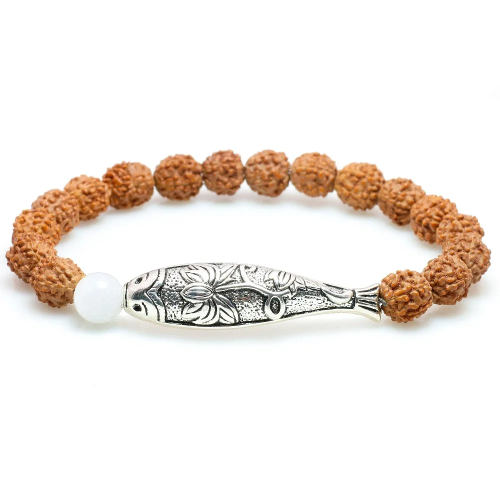 Rudraksha Seed Beads With Amazonite Stone Fish Charm Bracelet For Women White Chalcedony Yoga OM Jewelry