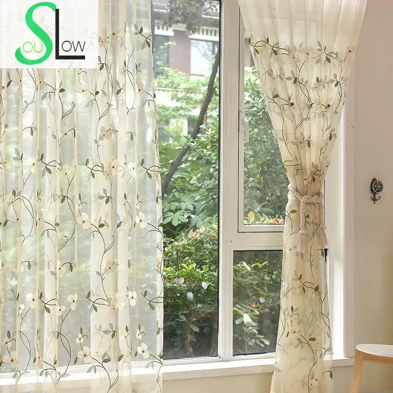 Slow Soul Green Blue Iris American Countryside Flower Embroidery Pastoral Leaves Curtains Tulle For Living Room Bedroom Sheer