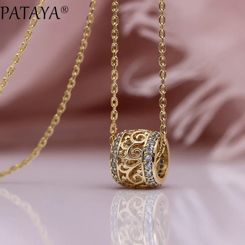 PATAYA yeni yuvarlak uzun kolyeler mikro-balmumu kakma doğal zirkon lüks içi boş kolye 585 gül altın rengi kadın moda takı