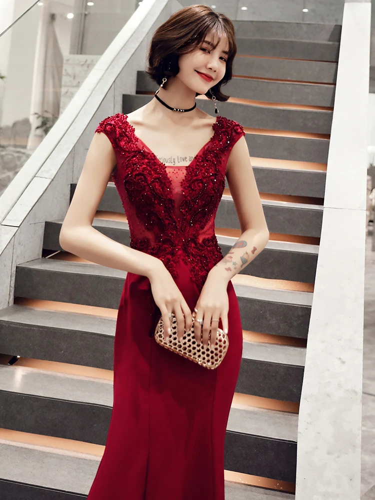 2019 New Mermaid Evening Dress Appliques Beading V-neck Sweep Train Wine Red Prom Party Dress Robe De Soiree Haute Couture