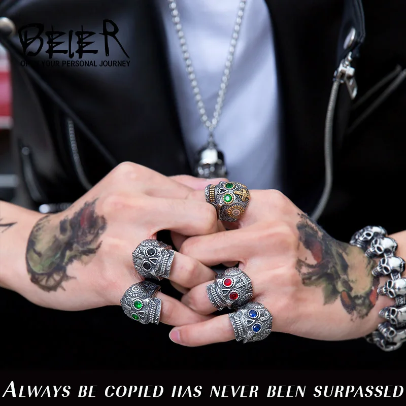 BEIER Stainless Steel Gothic Gold Color Carving kapala skull  Ring Biker Hiphop rock Jewelry Unique fashion Gift for men BR8-327