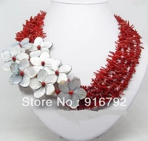 

free shipping Beauteous natural red coral shell flower necklace