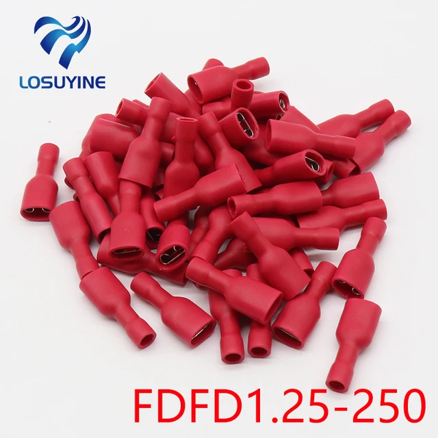 FDFD1-250 FDFD1.25-250 izolacyjne żeńskie izolowane elektryczne złącza zaciskane złącza przewodu kablowego 100 sztuk/paczka FDFD