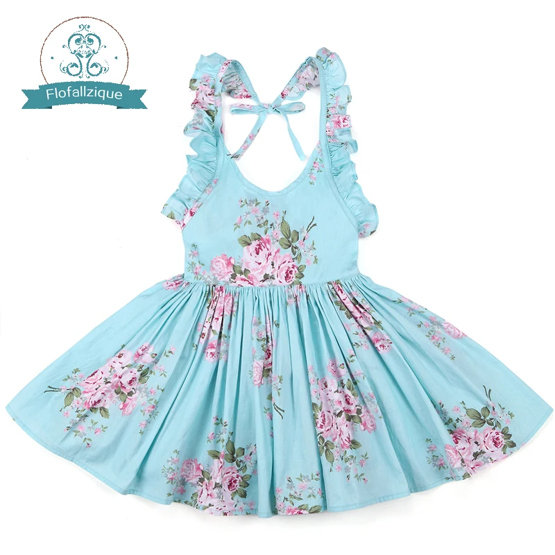 Flofallzique Baby Girls Dress Cotton Leaky Back Retro Floral Cute Sweet Fashion Kids Clothing Beach Outdoor Casual 1-12Yrs