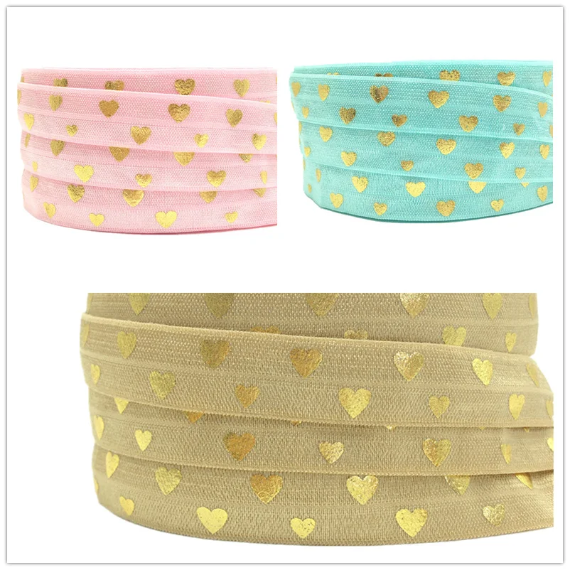 New Arrival Gold Foil Love Heart Print Fold Over Elastic 10 yards/lot Wholesale 5/8