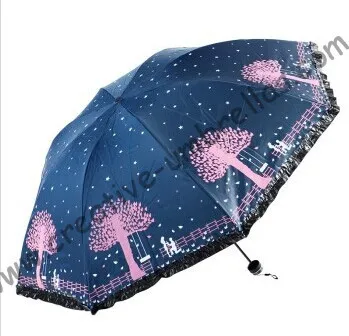 Parasol d'été à trois plis pour femmes, à franges de laçage, ouvert à la main, coupe-vent, sac de protection UV, revêtement noir, commande mixte OK