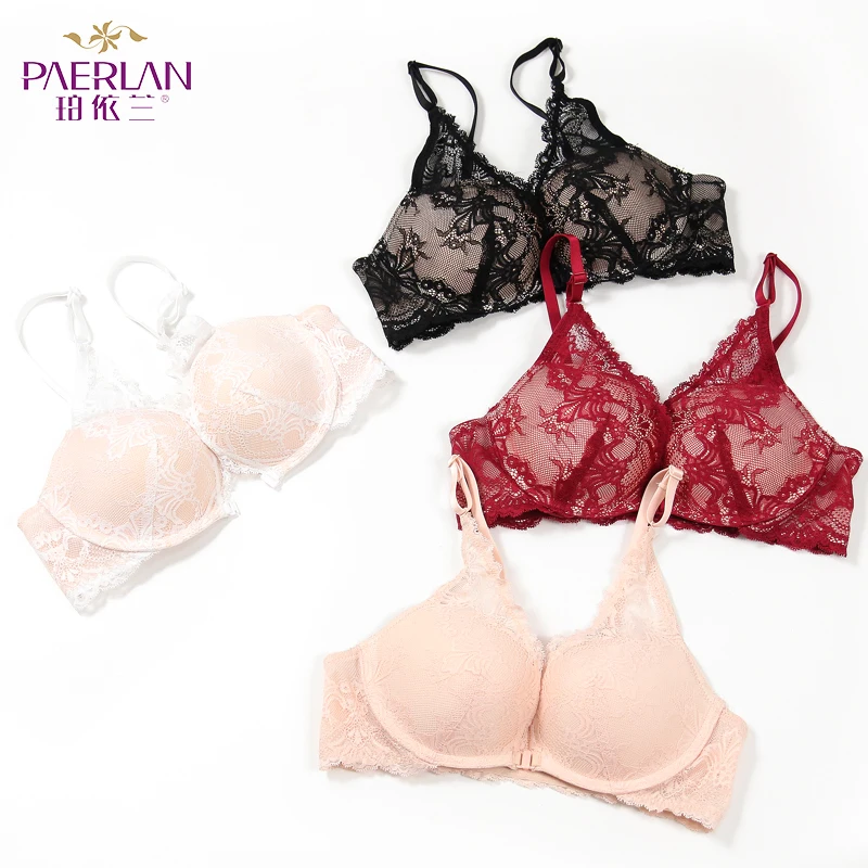 PAERLAN Front Closure Wire Free Small Breast Push Up Lace Floral Bra 5/8 Cup Cover Female Sexy Comfort Seamless Underwear Women