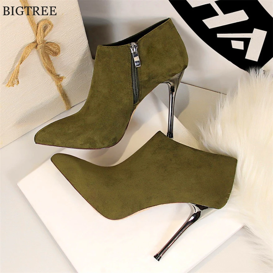 Pointed Metal Heel Women\'s Ankle Boots High Heels Fashion Side Zipper Ladies Shoes Solid Flock Concise Short Boots Woman Autumn