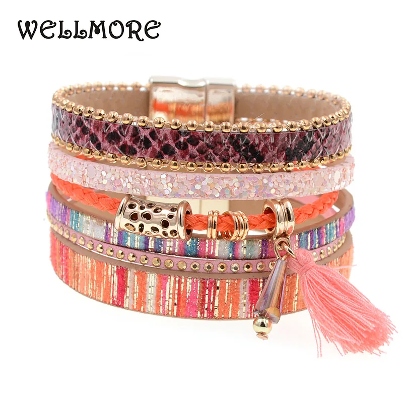 WELLMORE leather bracelet women charm bracelets magnet buckle Friendship bracelet  Bohemian bracelets&bangles women jewelryB1625