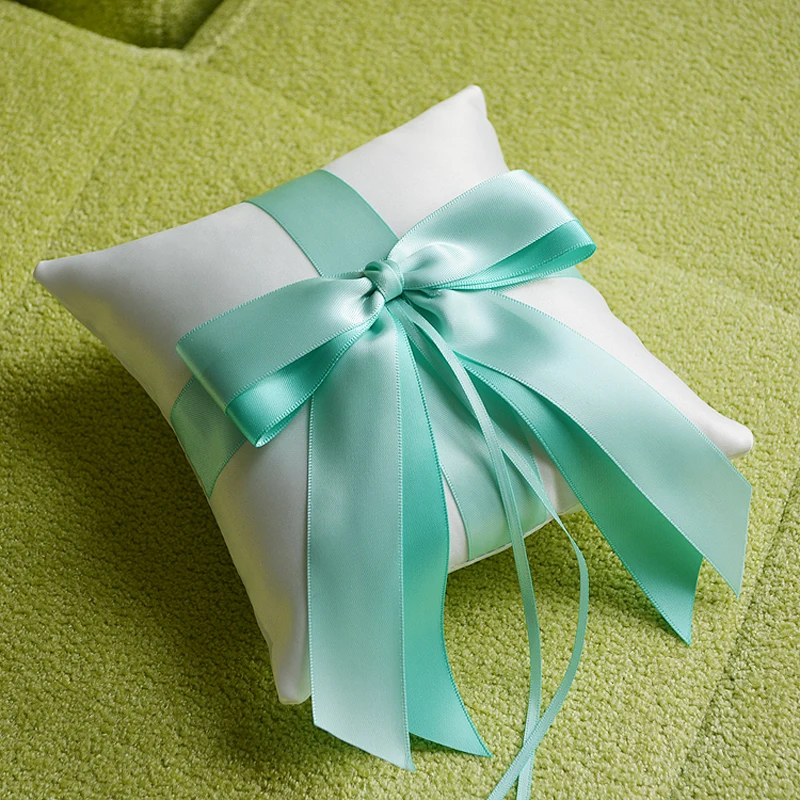 

Top trendy Wedding Decoration Tiffany blue Beautiful Double Bow Ribbon Romantic Wedding Ring Pillow Bridal Pillow Cushion