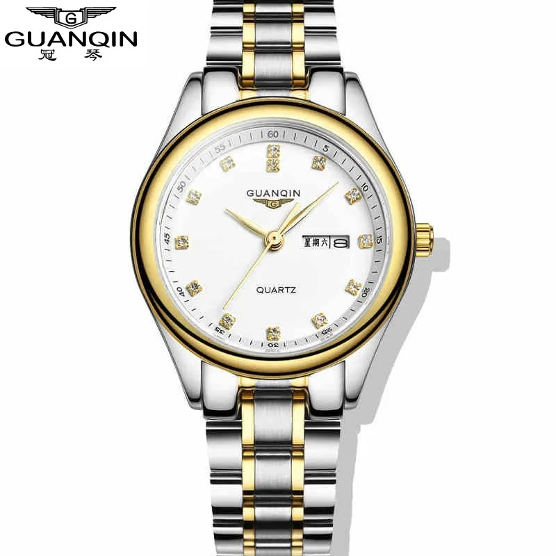 Fashion Dual Calendar Diamond GUANQIN Watches Woman Brand Luxury Reloj Women Dress Watches Rhinestone Quartz Watch Week Display