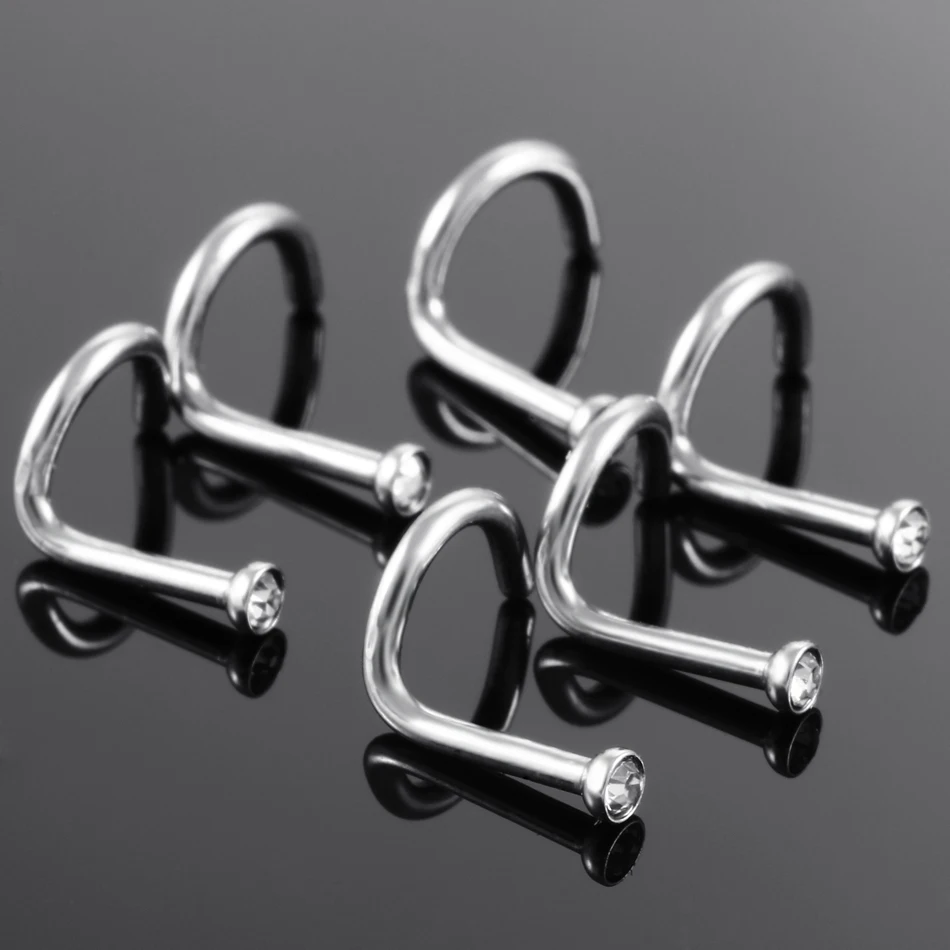 10pcs/lot Surgical Steel Crystal Gem S Shape Nose Screw Rings Piercing Nazir Nose Stud Cartilage Sexy Fashion Jewelry 18g&20g