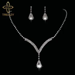 TREAZY Teardrop Crystal Bridal Jewelry Sets Silver Color Rhinestone Necklace Earrings V Shaped Wedding Jewelry Set for Women