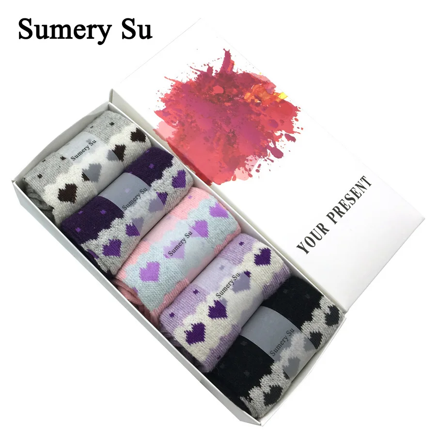 5 Pairs/Lot Wool Socks Women Christmas Gift Socks Winter Warm Cashmere Women Cute Socks Heart Pattern Comfortable Socks