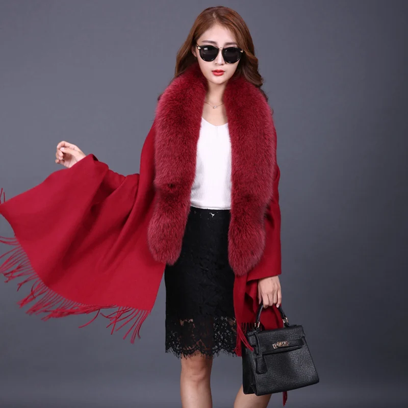 Lady Fashion Autumn Winter Wool Wraps with Tassels Fox Fur Collar  Women Pashmina Shawl  Neck Rings LF5007