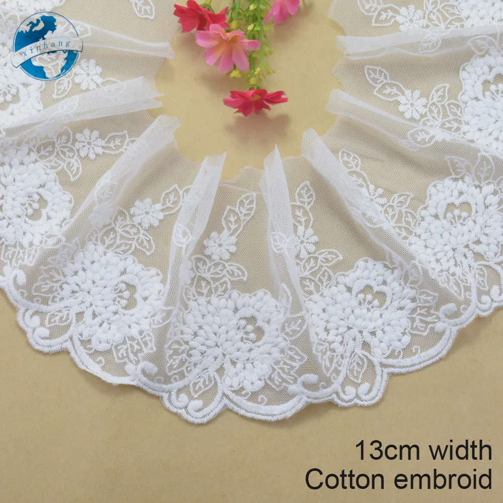 

3yards 13cm White Cotton Embroidery Lace Ribbon Fabric Guipure Diy Trims Warp Knitting Sewing Wedding Dress Accessories#3392