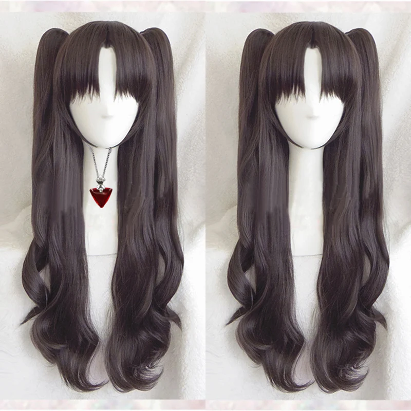 Fate/stay night Rin Tohsaka Long Wavy Brown Ponytail Heat Resistant Hair Cosplay Costume Wig + Ruby Necklace Optional